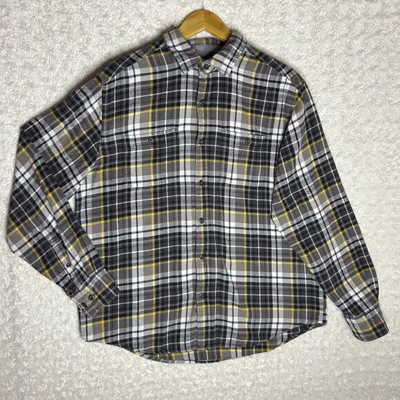 Woolrich Flannel Long Sleeve Button Up Shirt Black White and Yellow Plaid Size L - Picture 1 of 5